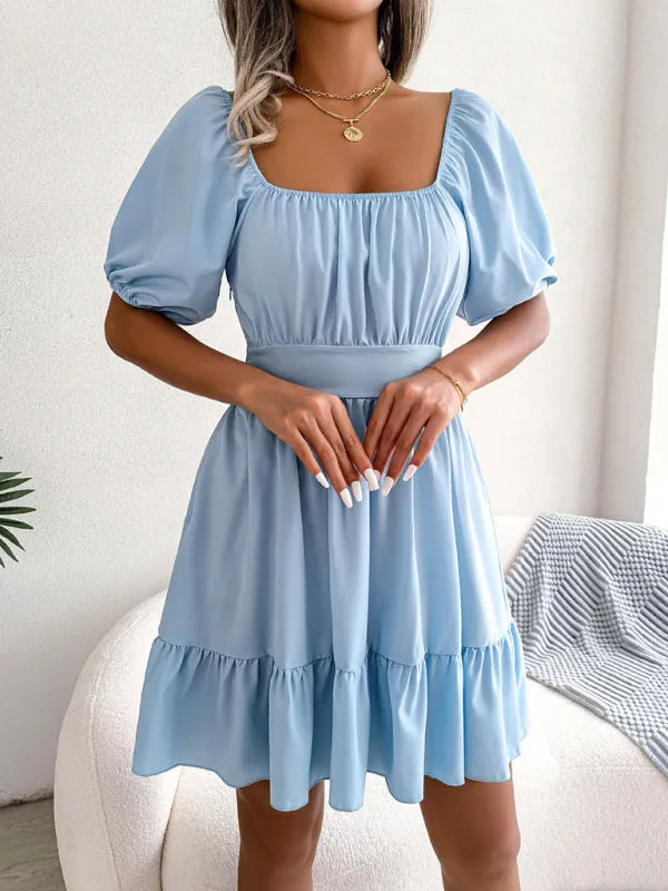 Square Neck Mini Dress with Open Back and Ruffled Hem