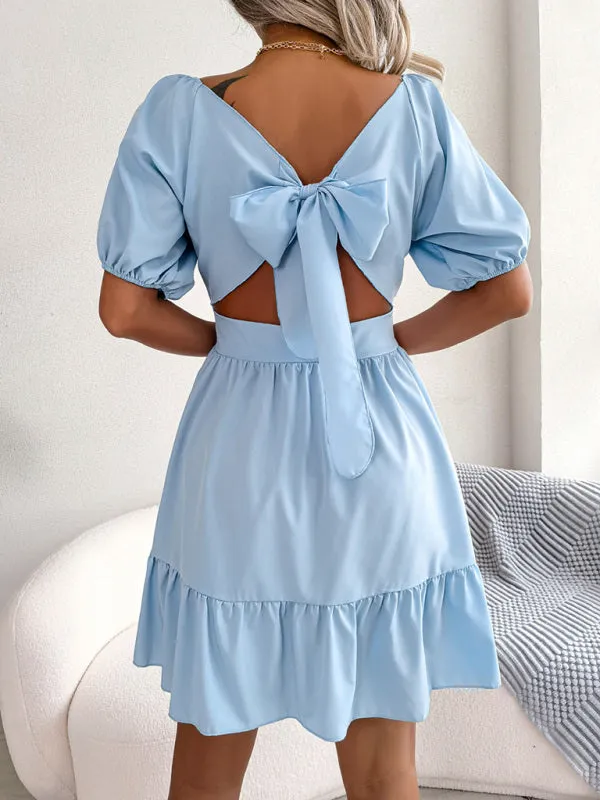 Square Neck Mini Dress with Open Back and Ruffled Hem