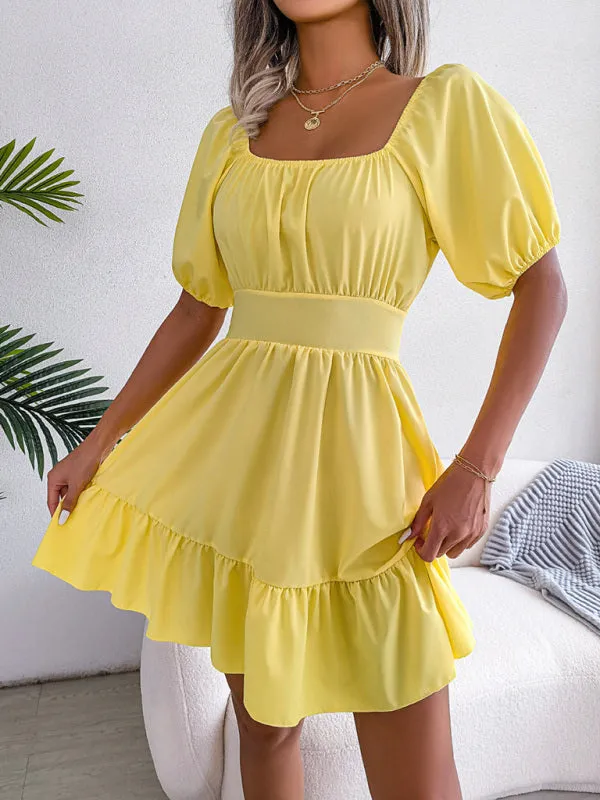 Square Neck Mini Dress with Open Back and Ruffled Hem
