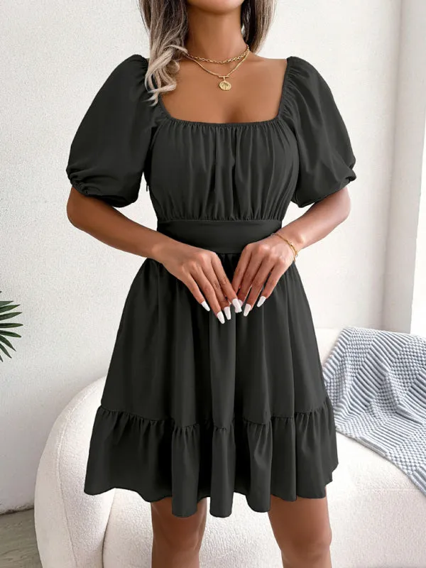 Square Neck Mini Dress with Open Back and Ruffled Hem
