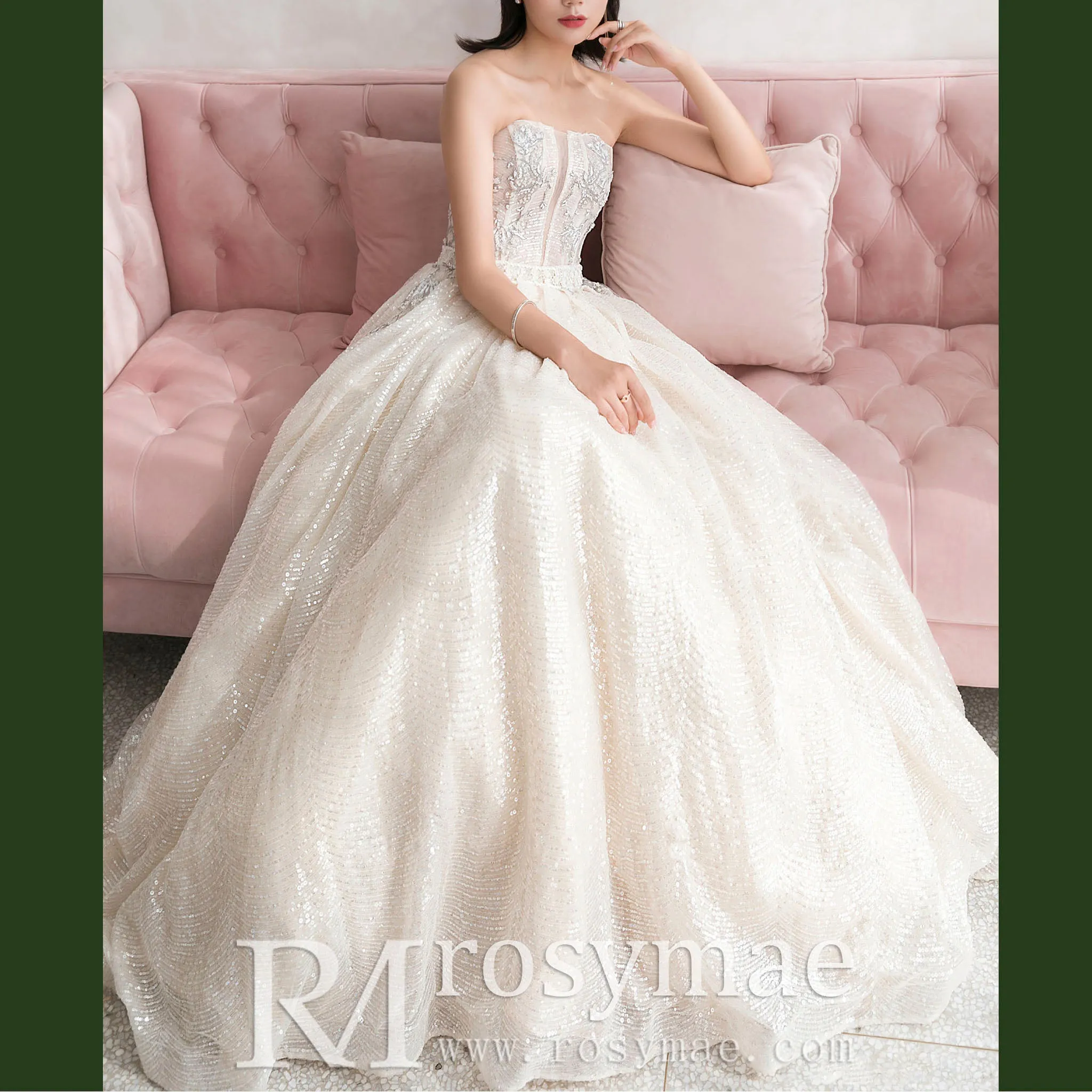 Straight Neck Ballgown Sparkly Wedding Dress with Plunging