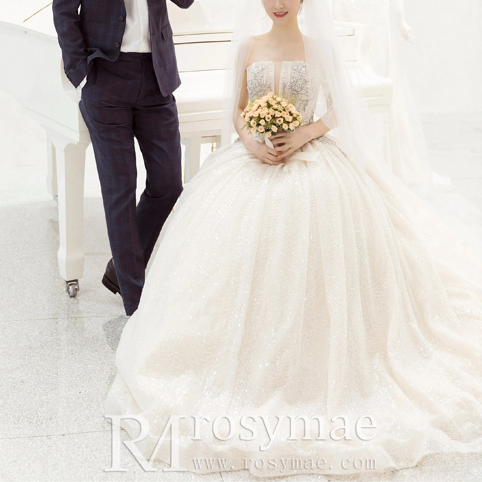 Straight Neck Ballgown Sparkly Wedding Dress with Plunging