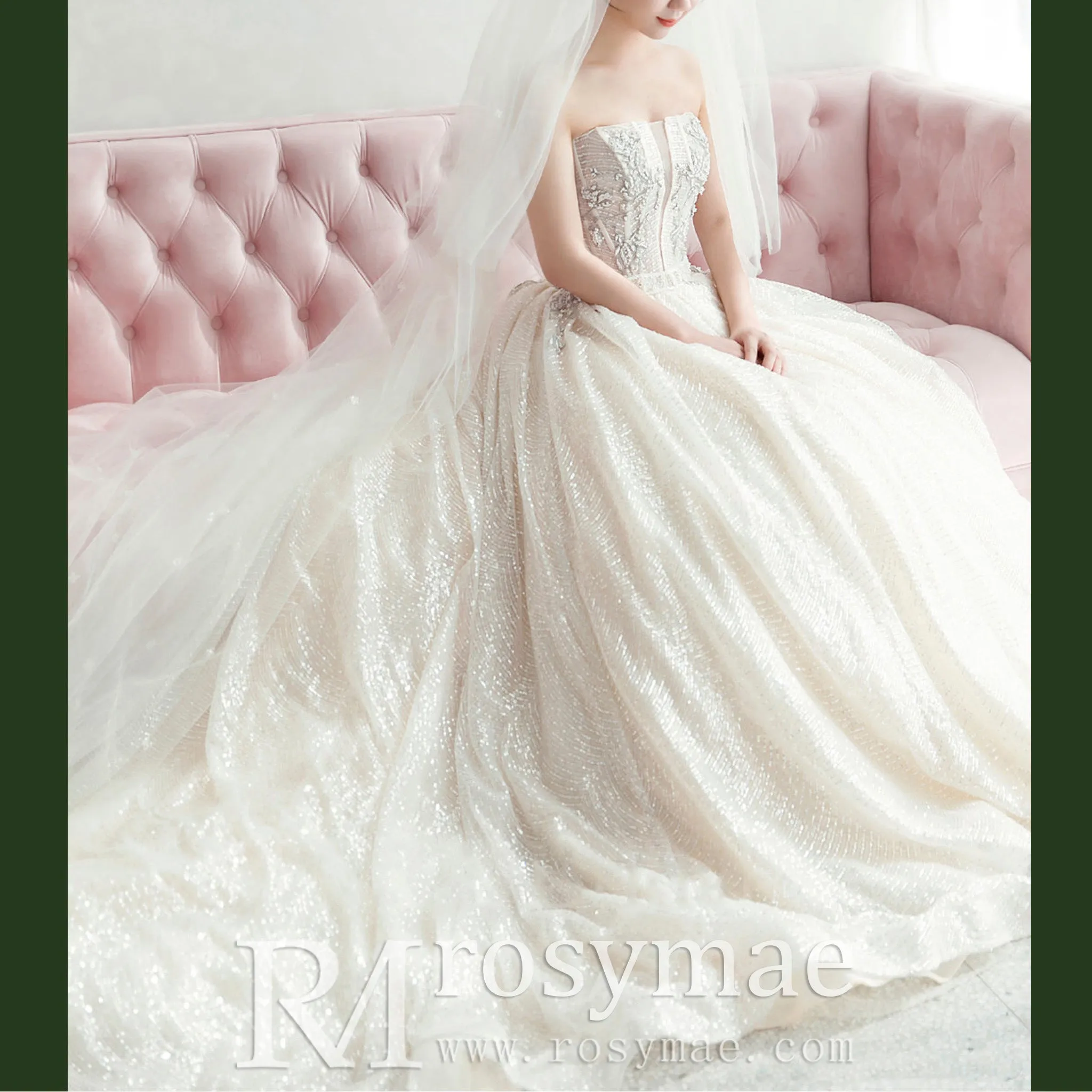 Straight Neck Ballgown Sparkly Wedding Dress with Plunging