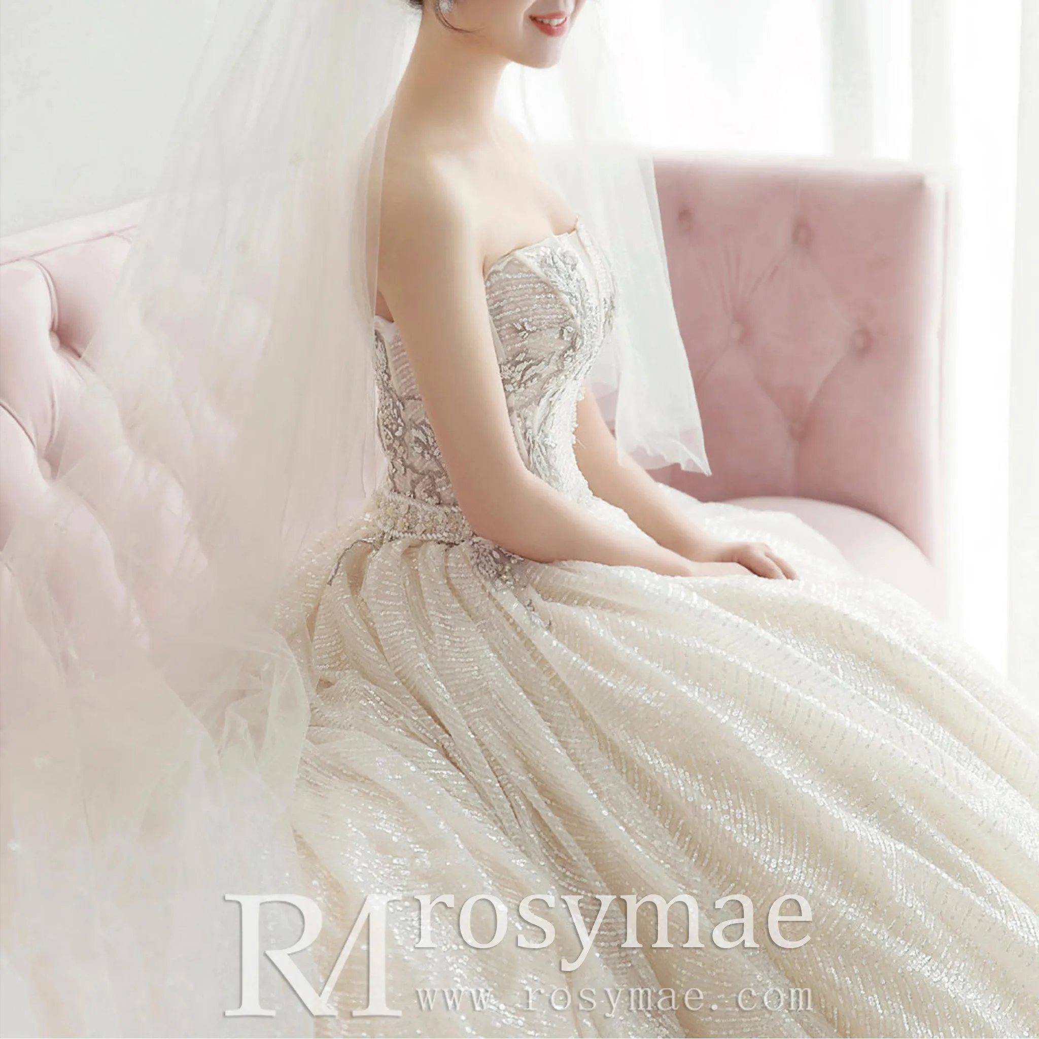 Straight Neck Ballgown Sparkly Wedding Dress with Plunging