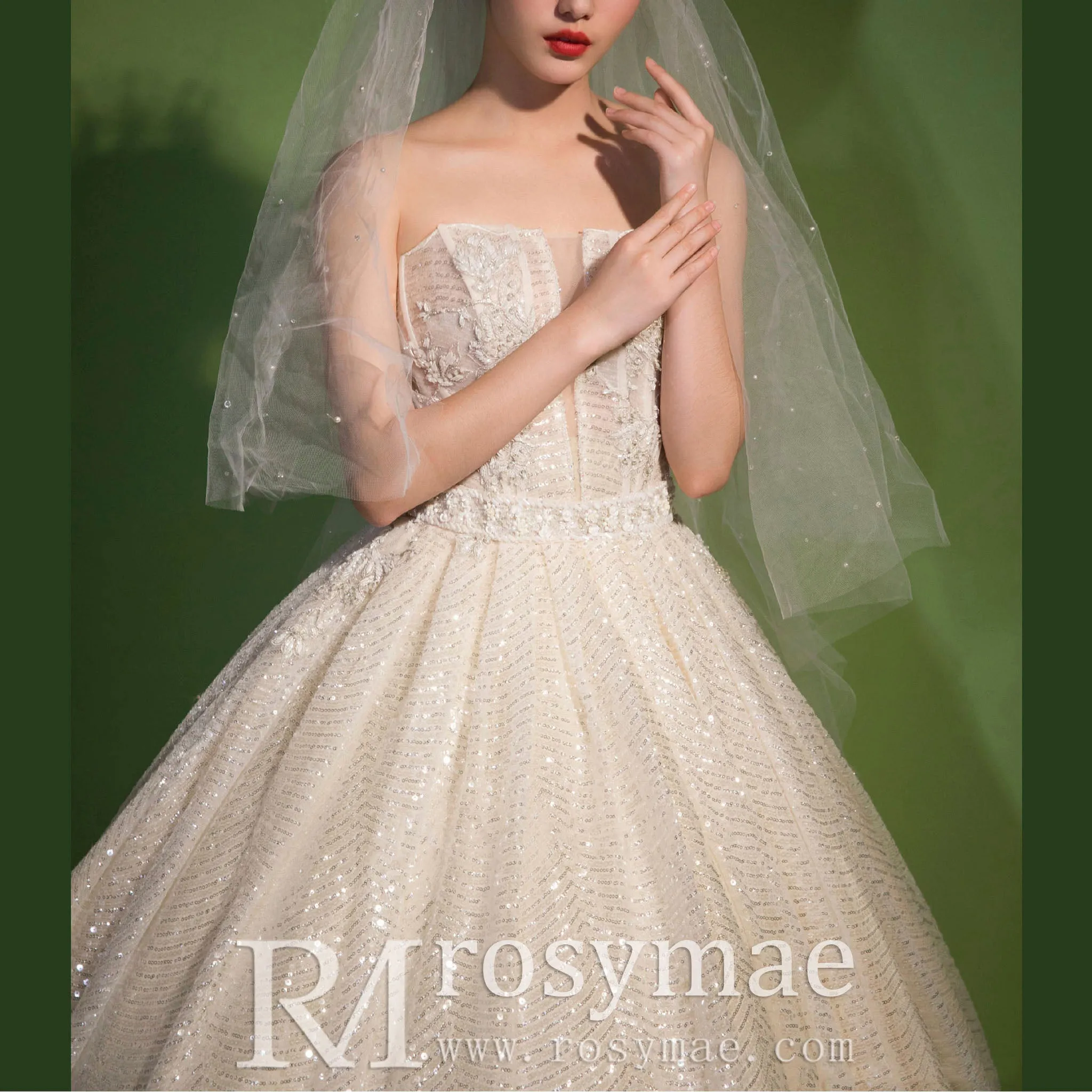 Straight Neck Ballgown Sparkly Wedding Dress with Plunging