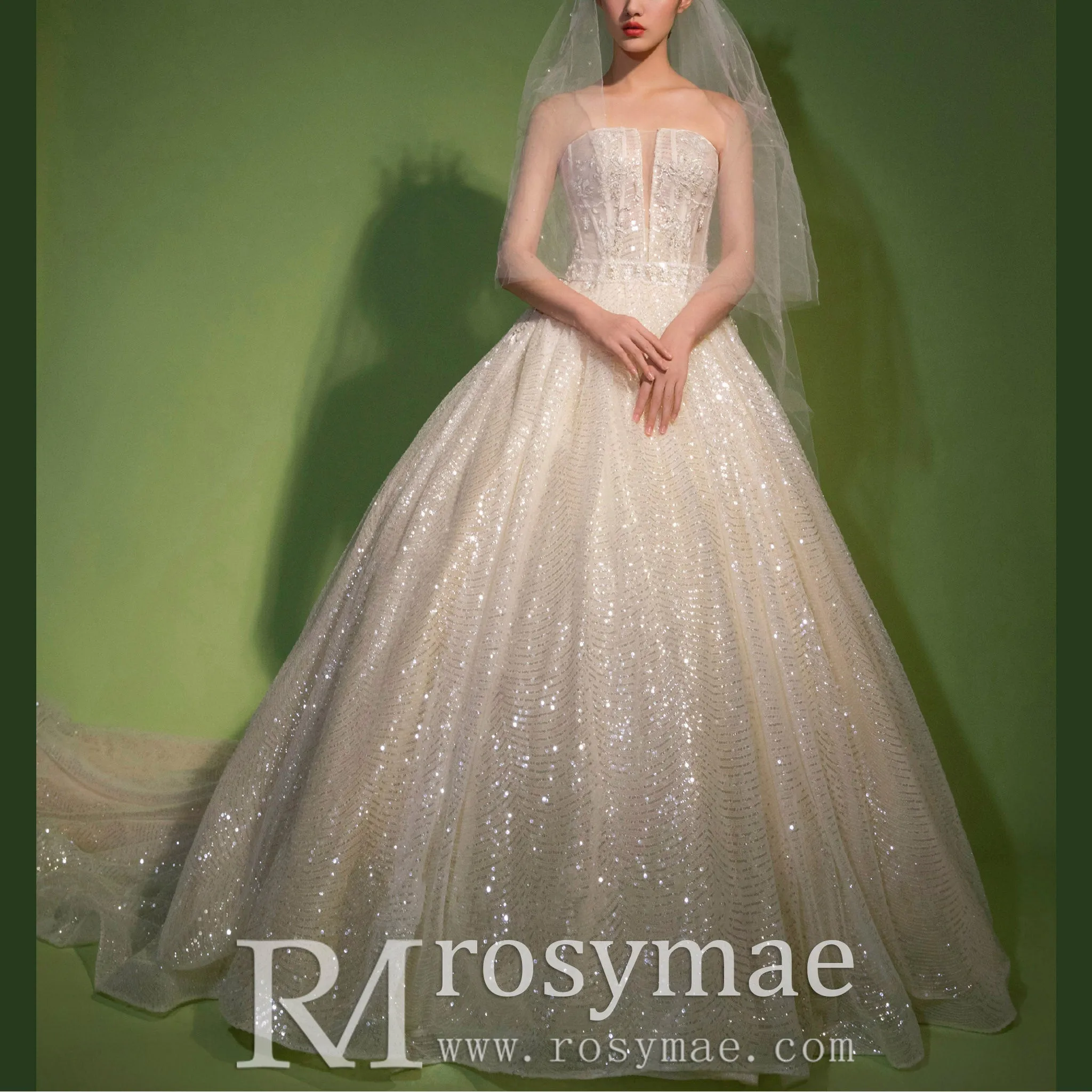 Straight Neck Ballgown Sparkly Wedding Dress with Plunging