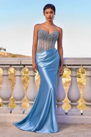 Strapless Beaded Bodice & Satin Skirt Fitted Dress (CDS538)