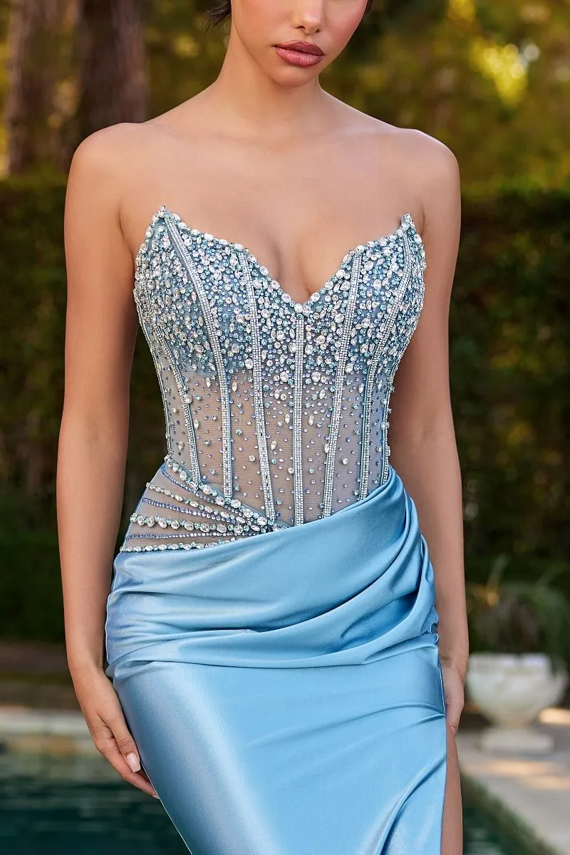 Strapless Beaded Bodice & Satin Skirt Fitted Dress (CDS538)