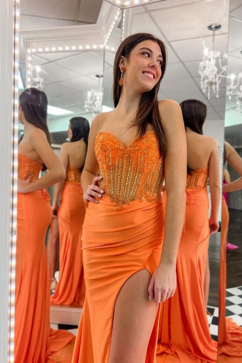 Strapless Beaded Long Prom Dresses with Slit