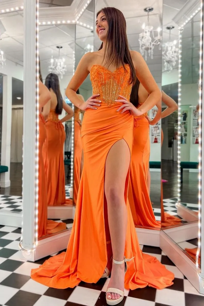 Strapless Beaded Long Prom Dresses with Slit