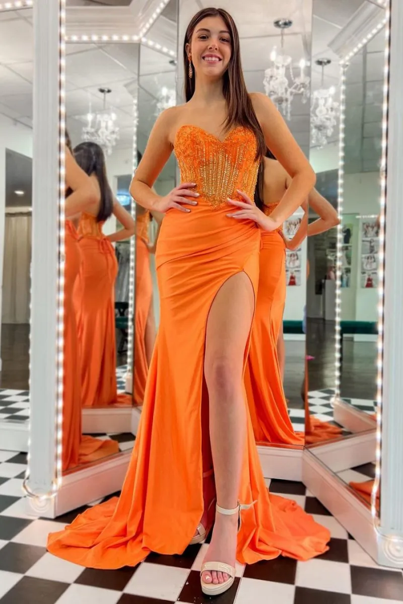 Strapless Beaded Long Prom Dresses with Slit