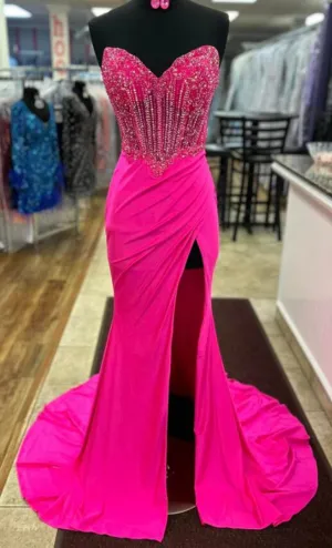 Strapless Beaded Long Prom Dresses with Slit