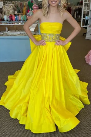 Strapless Beaded Waist Bow Back Long Gown