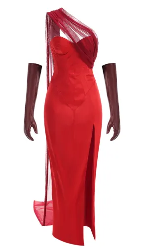 Strapless High Slit Gown With Gloves