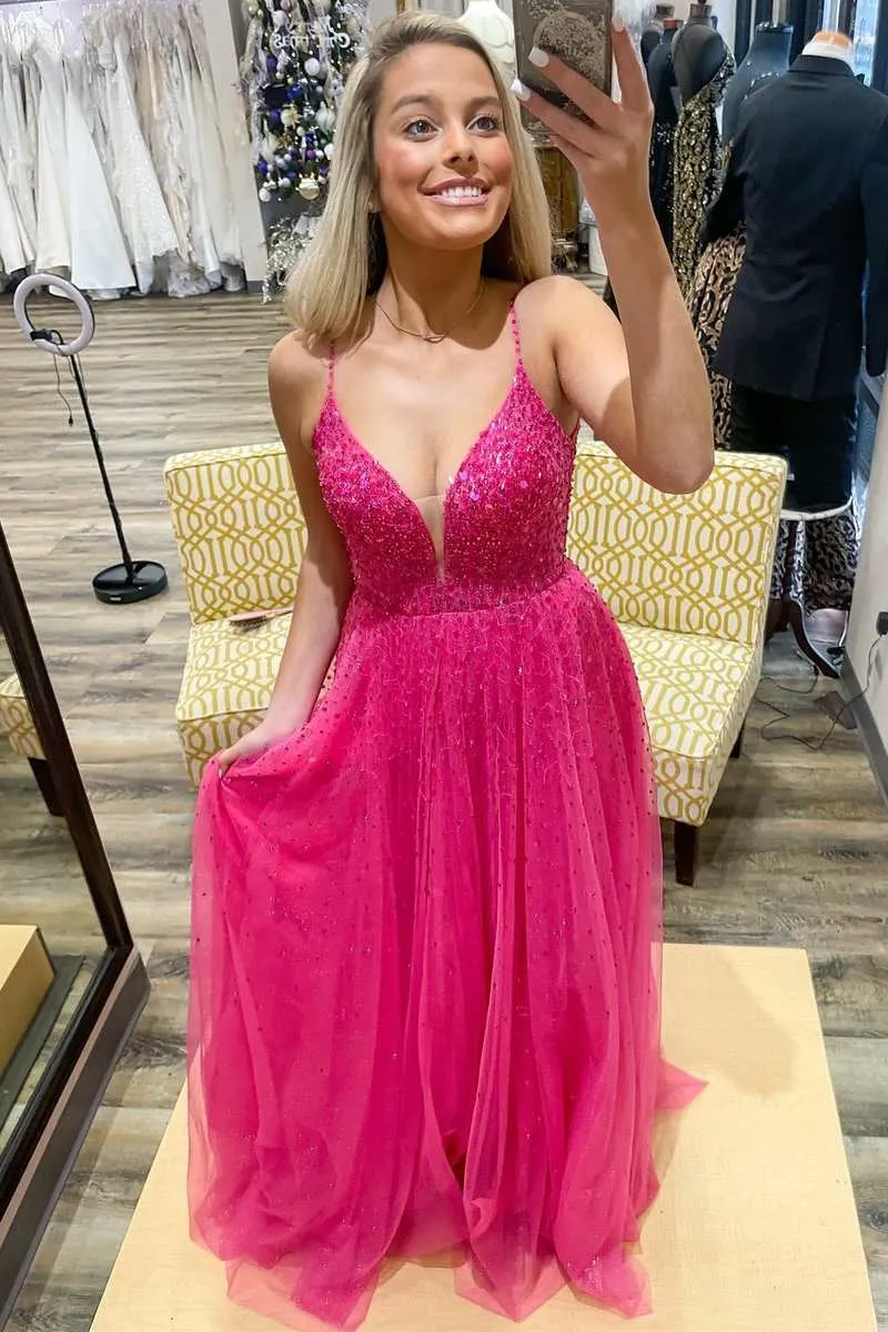 Straps Neon Pink Beaded A-Line Long Formal Dress