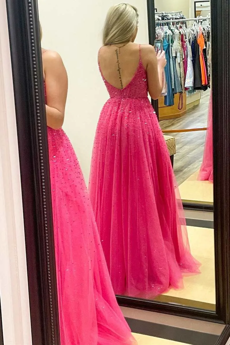 Straps Neon Pink Beaded A-Line Long Formal Dress