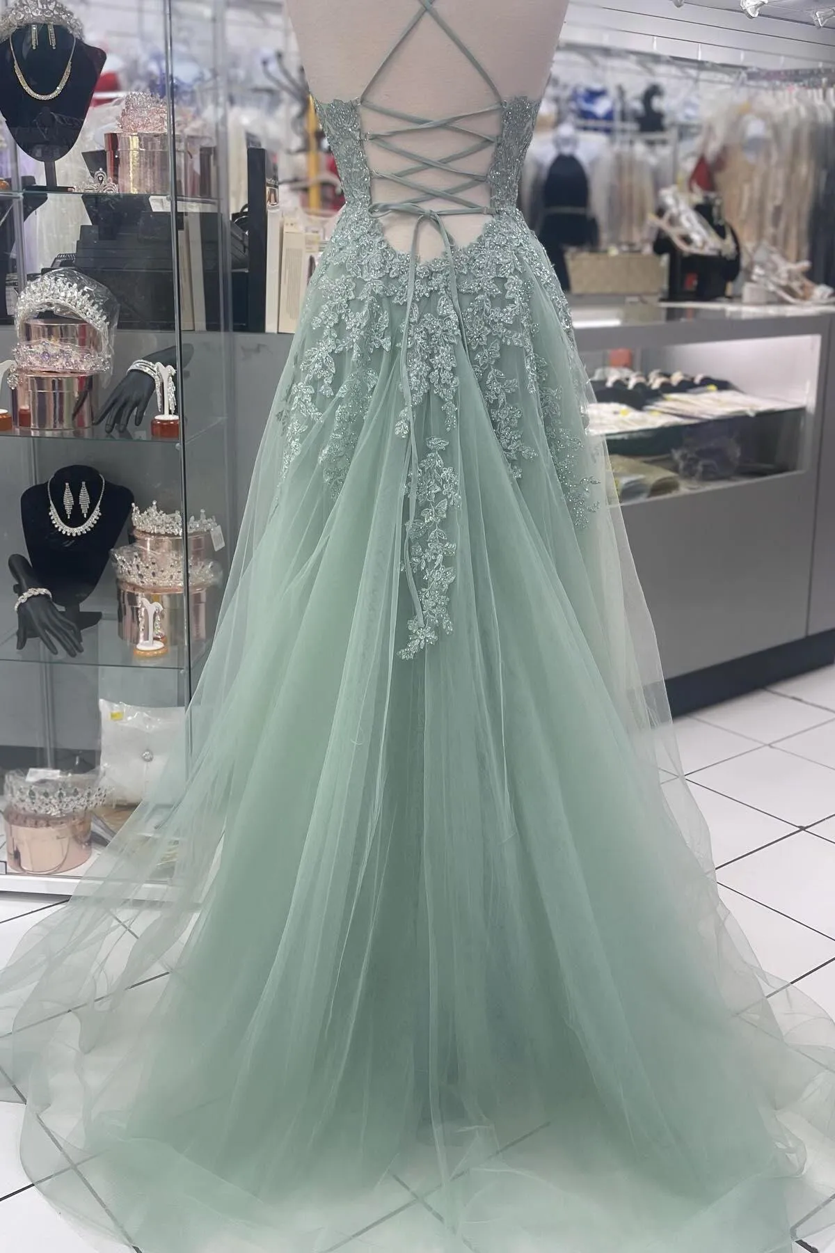 Straps Sage Green Appliques Tulle Long Formal Dress