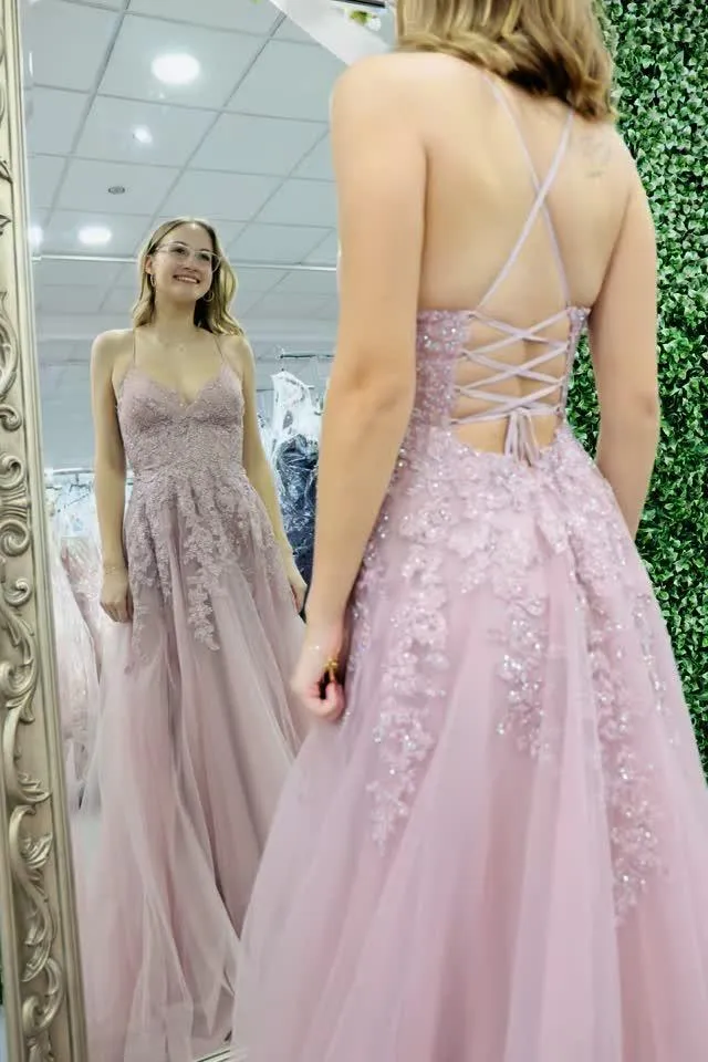 Straps Sage Green Appliques Tulle Long Formal Dress