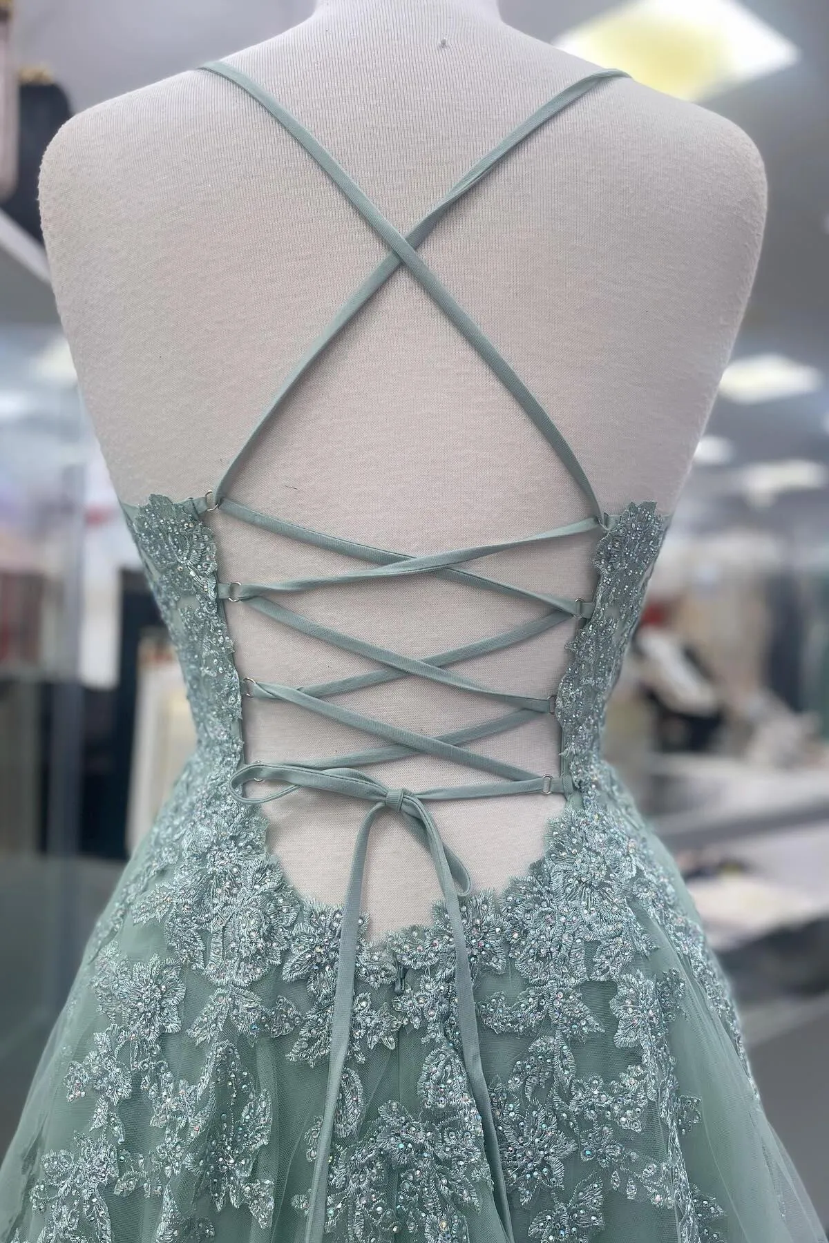 Straps Sage Green Appliques Tulle Long Formal Dress