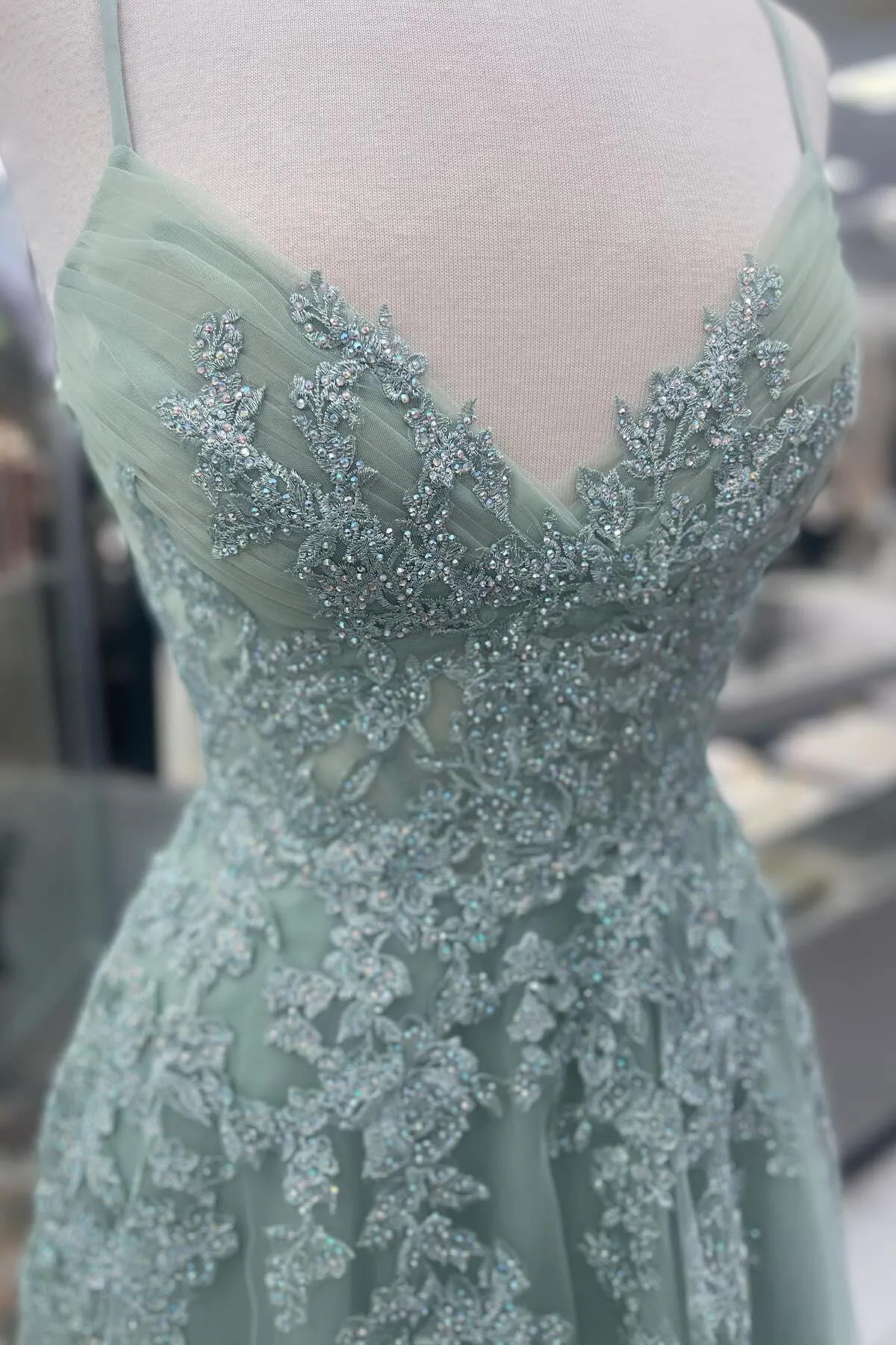 Straps Sage Green Appliques Tulle Long Formal Dress