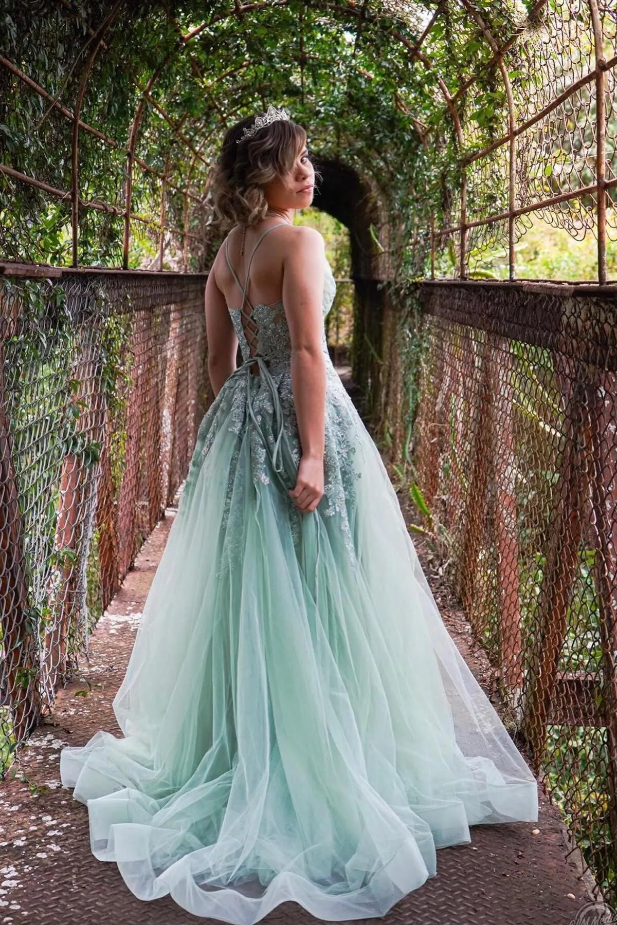 Straps Sage Green Appliques Tulle Long Formal Dress