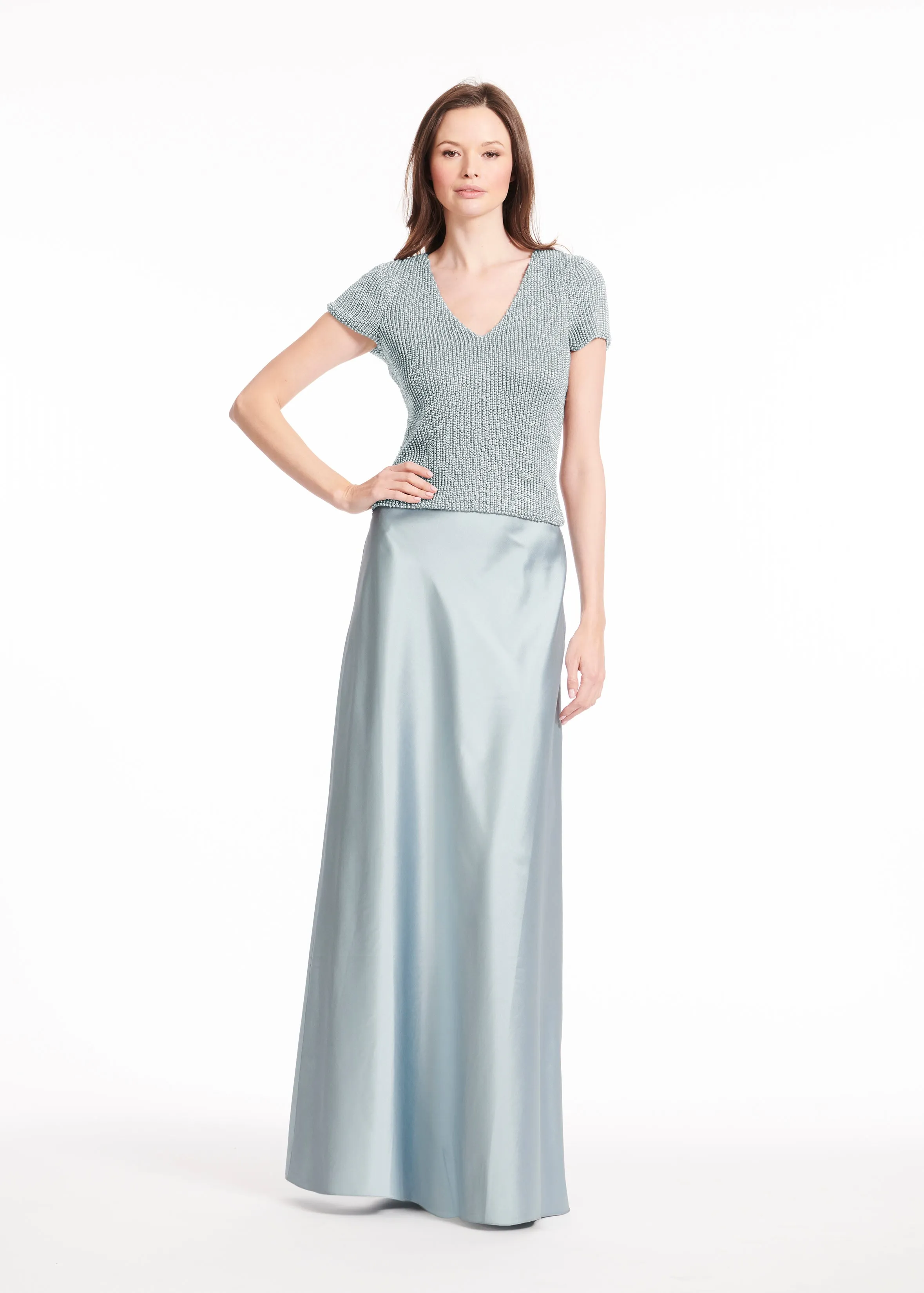 STRETCH PEARL BEADED V-NECK TOP CHAMPAGNE