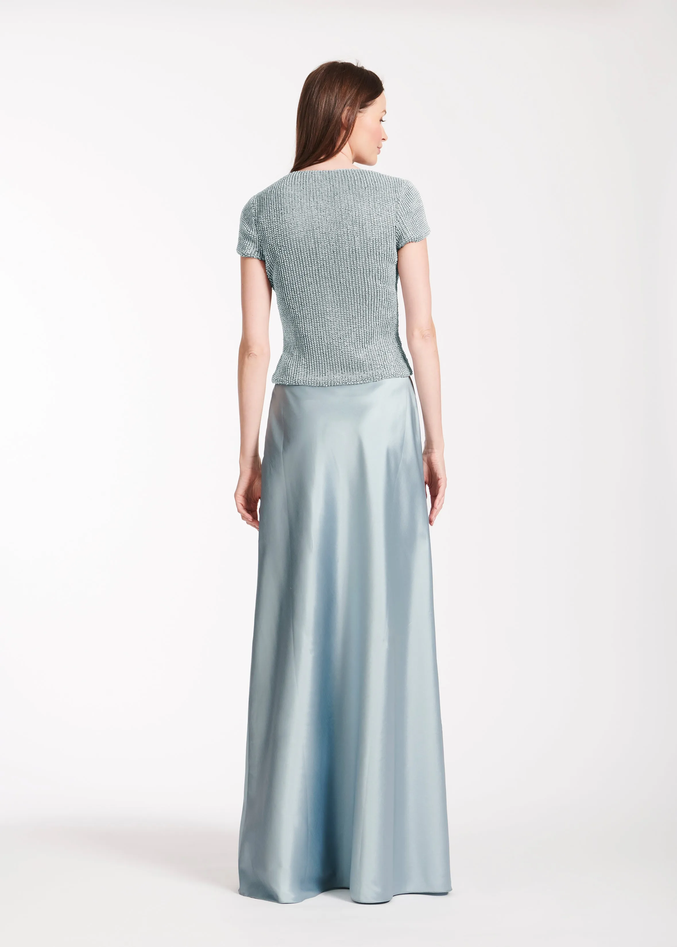 STRETCH PEARL BEADED V-NECK TOP CHAMPAGNE