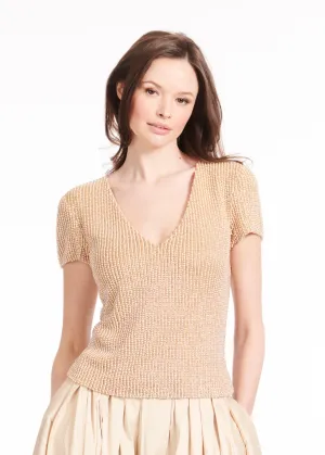 STRETCH PEARL BEADED V-NECK TOP CHAMPAGNE