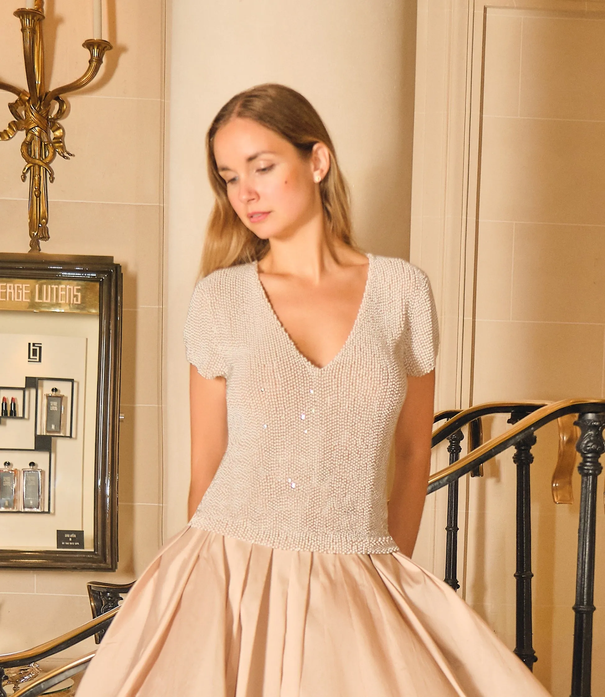 STRETCH PEARL BEADED V-NECK TOP CHAMPAGNE