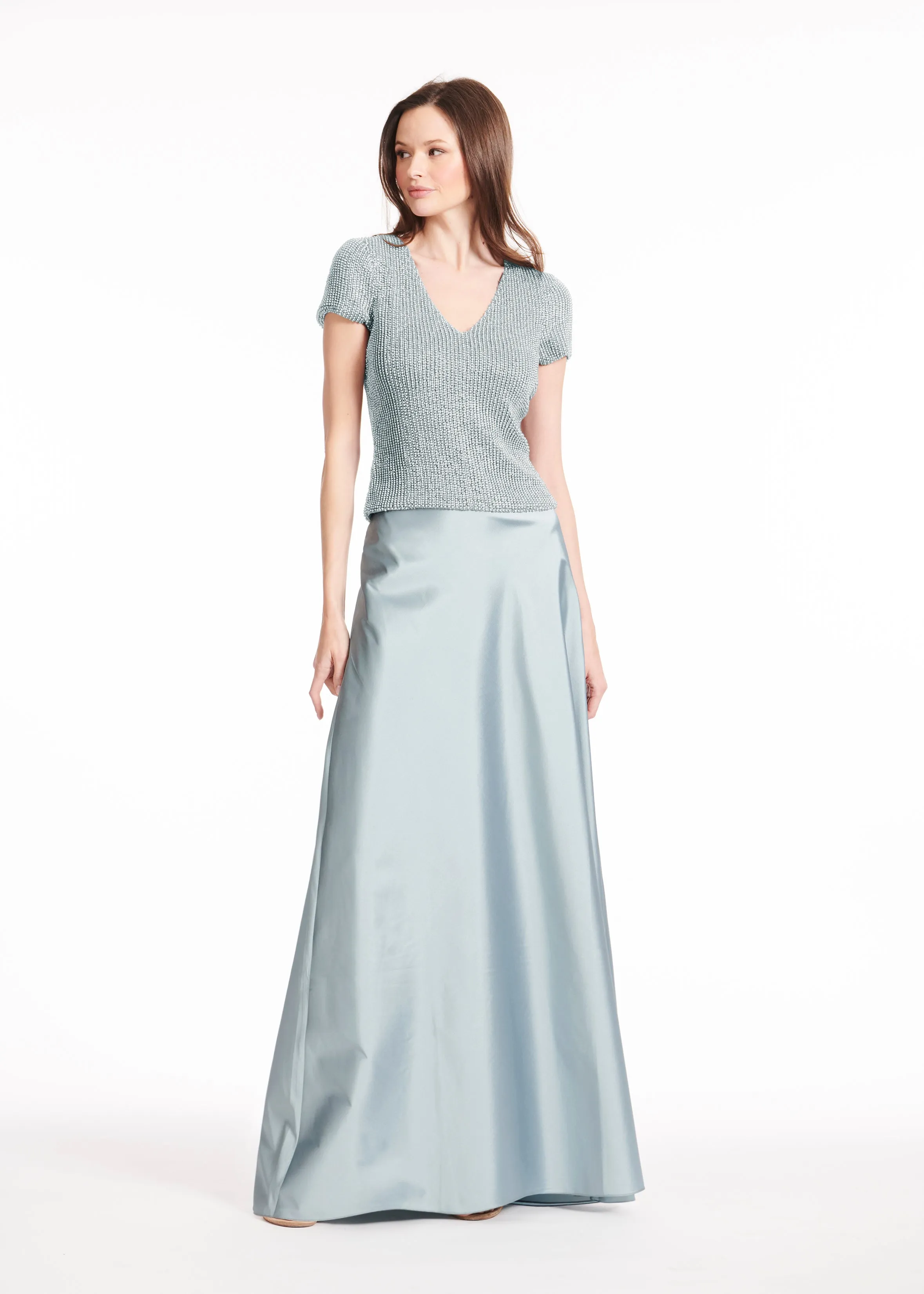 STRETCH PEARL BEADED V-NECK TOP CHAMPAGNE