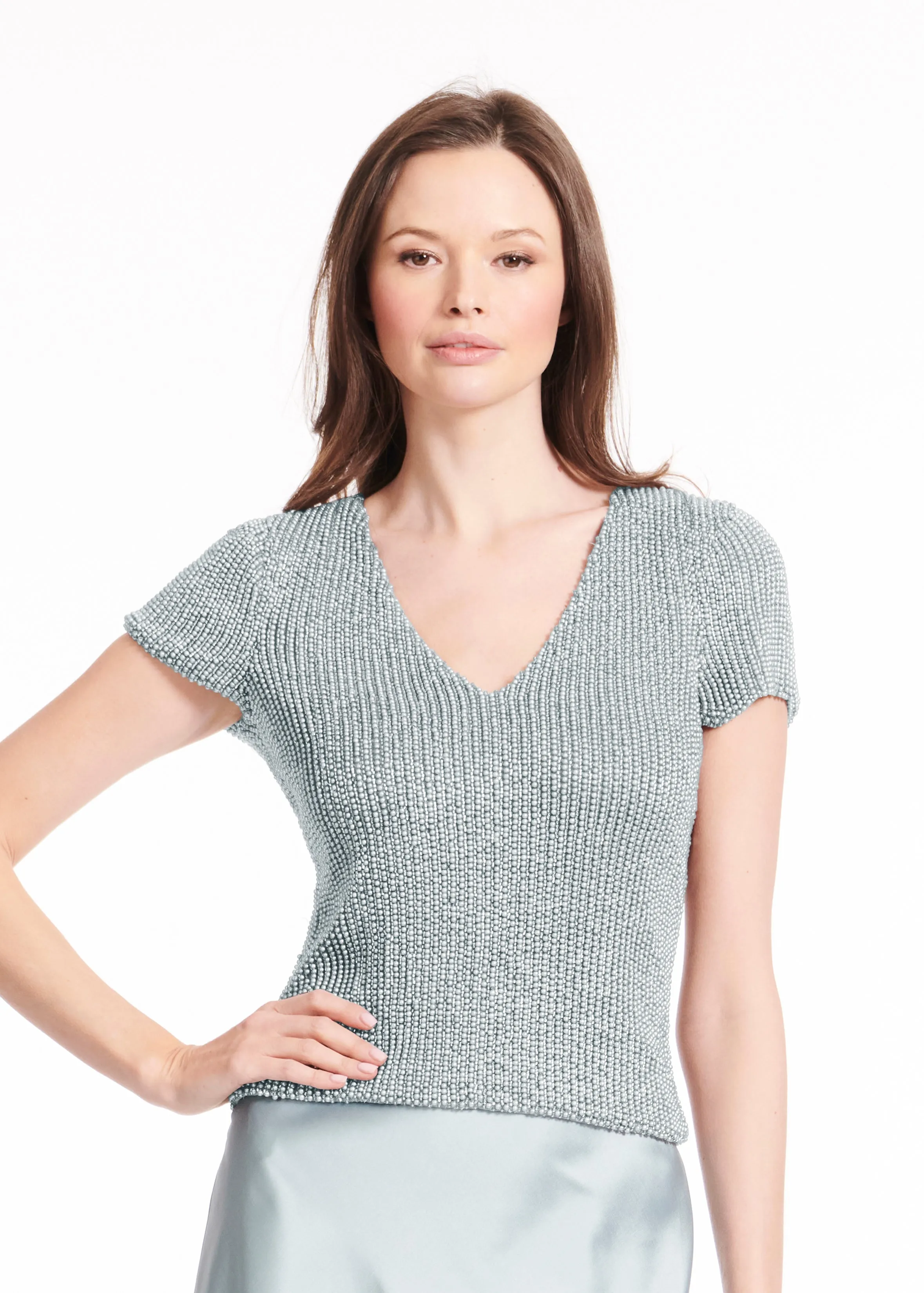 STRETCH PEARL BEADED V-NECK TOP CHAMPAGNE