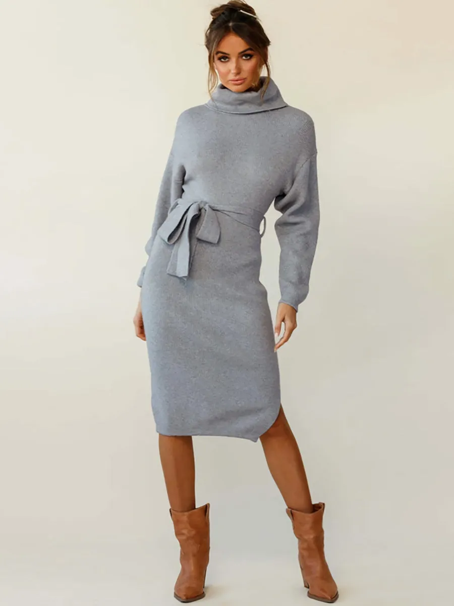 Stunncal High Neck Lace-Up Knit Dress(4 colors)