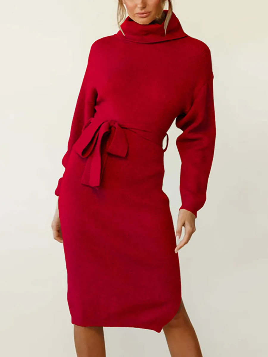 Stunncal High Neck Lace-Up Knit Dress(4 colors)