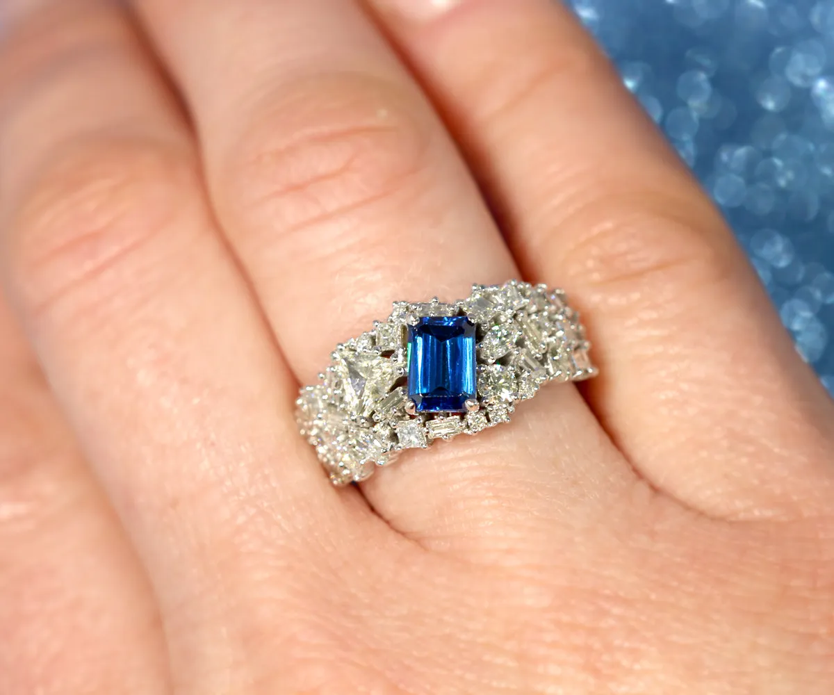 Stunning Blue Indicolite Tourmaline Diamond Cluster Cocktail Ring