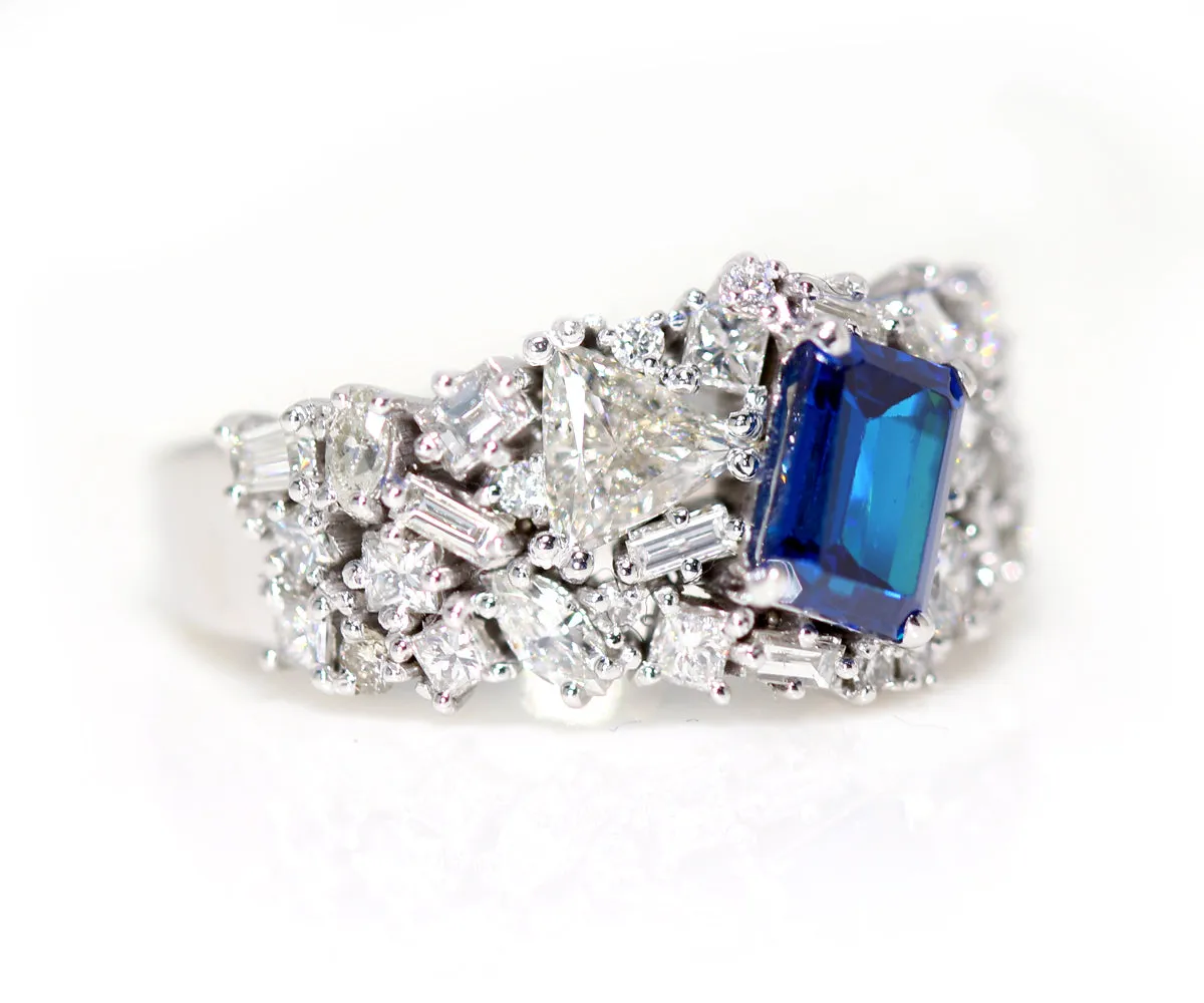 Stunning Blue Indicolite Tourmaline Diamond Cluster Cocktail Ring