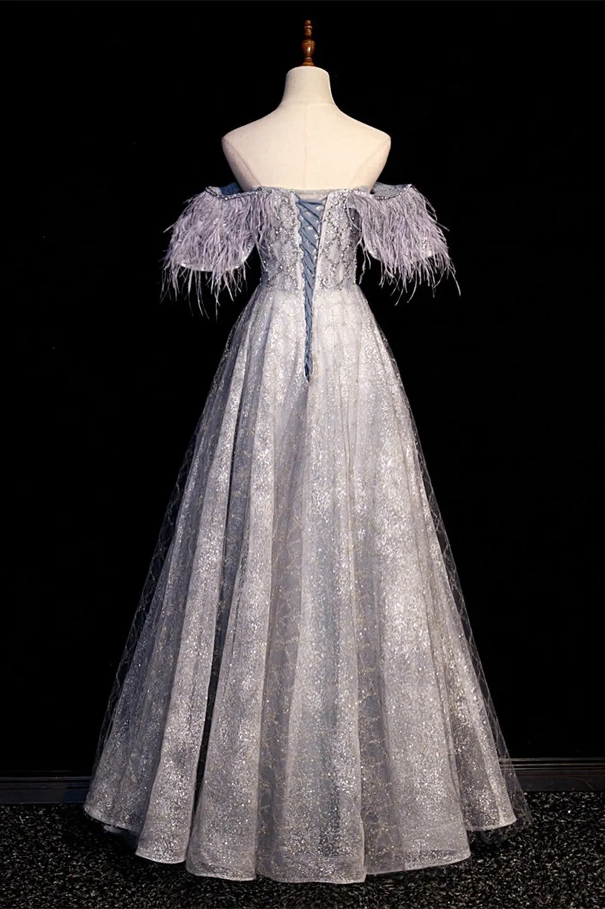 Stunning Silver A-line Off the Shoulder Long Formal Dress
