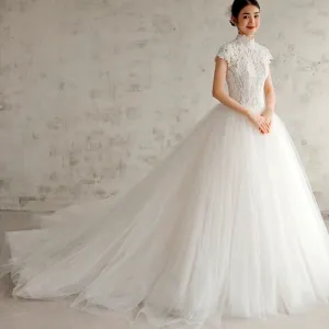 Stunning Women High Neck Ballgown Wedding Dress with Capped Sleeve