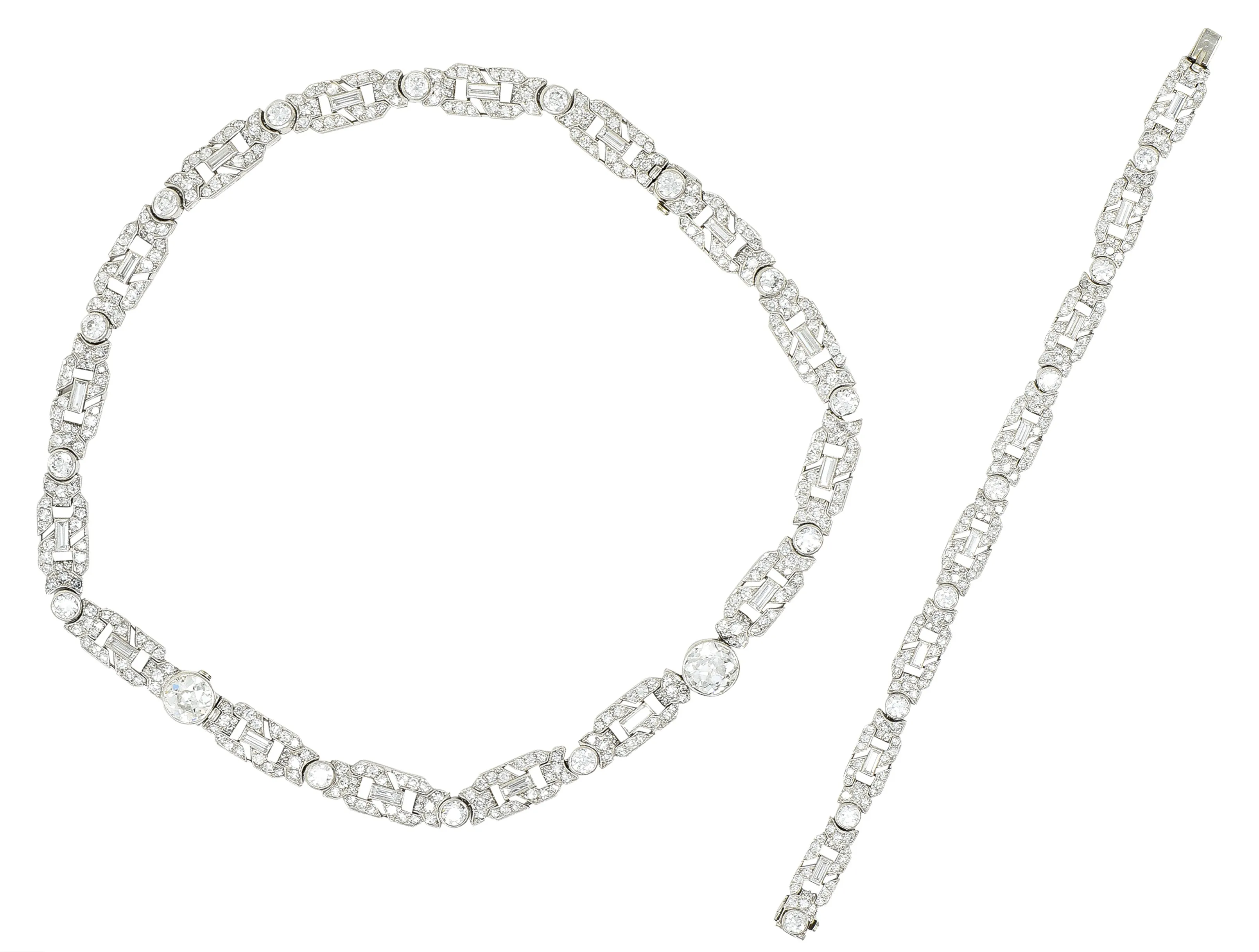 Substantial Art Deco 22.84 CTW Old European & Baguette Cut Diamond Platinum Convertible Infinity Necklace Bracelet Set