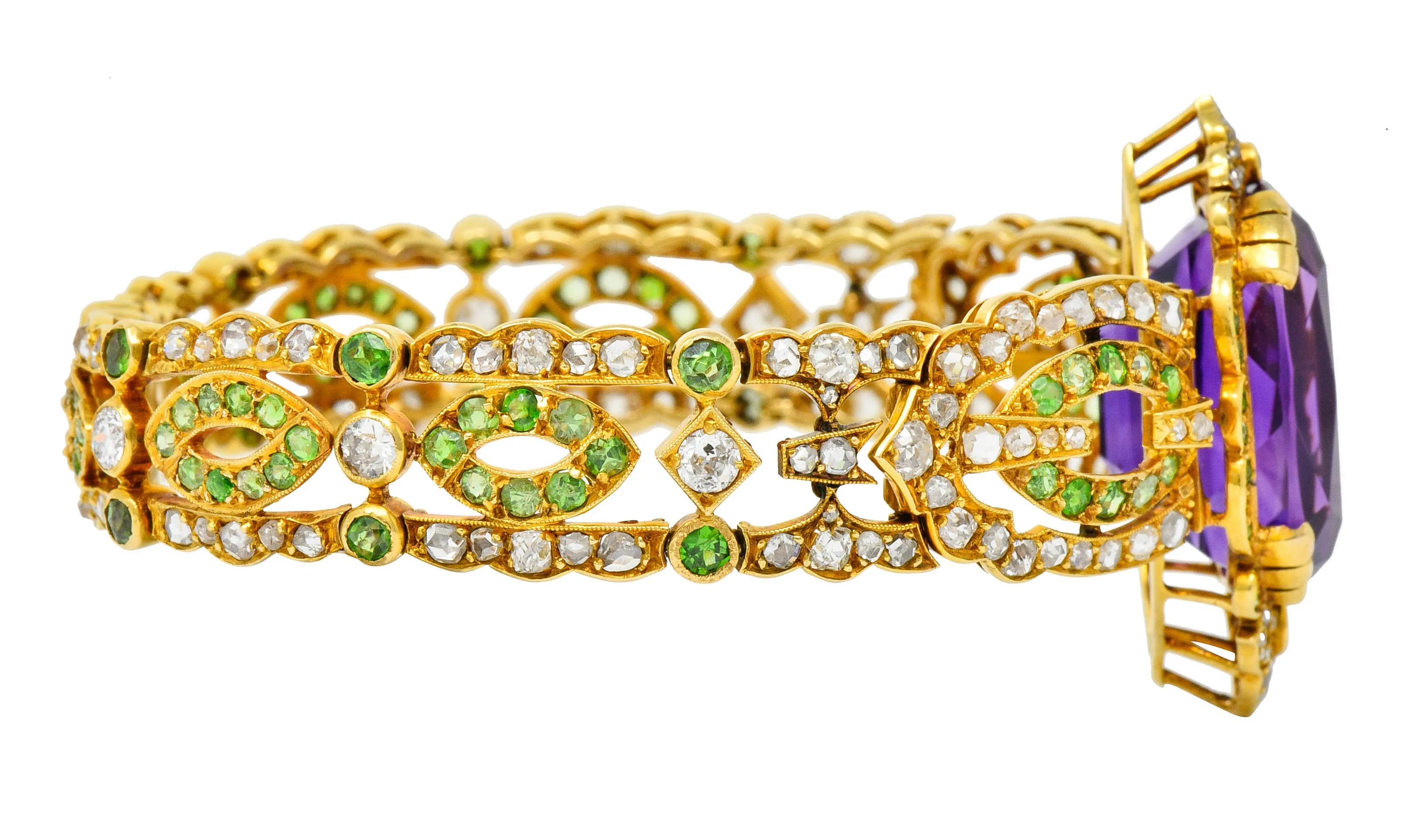 Suffragette Amethyst Demantoid Garnet Diamond 18 Karat Gold Decorous Bracelet