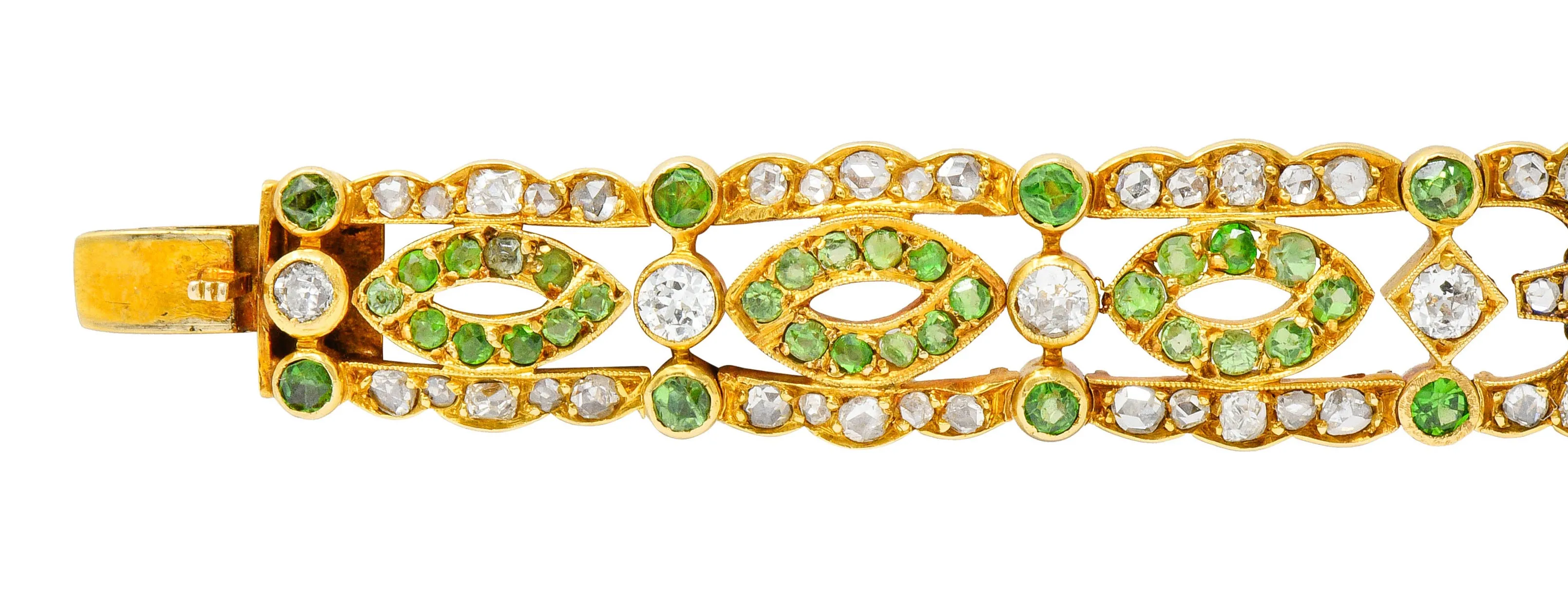 Suffragette Amethyst Demantoid Garnet Diamond 18 Karat Gold Decorous Bracelet
