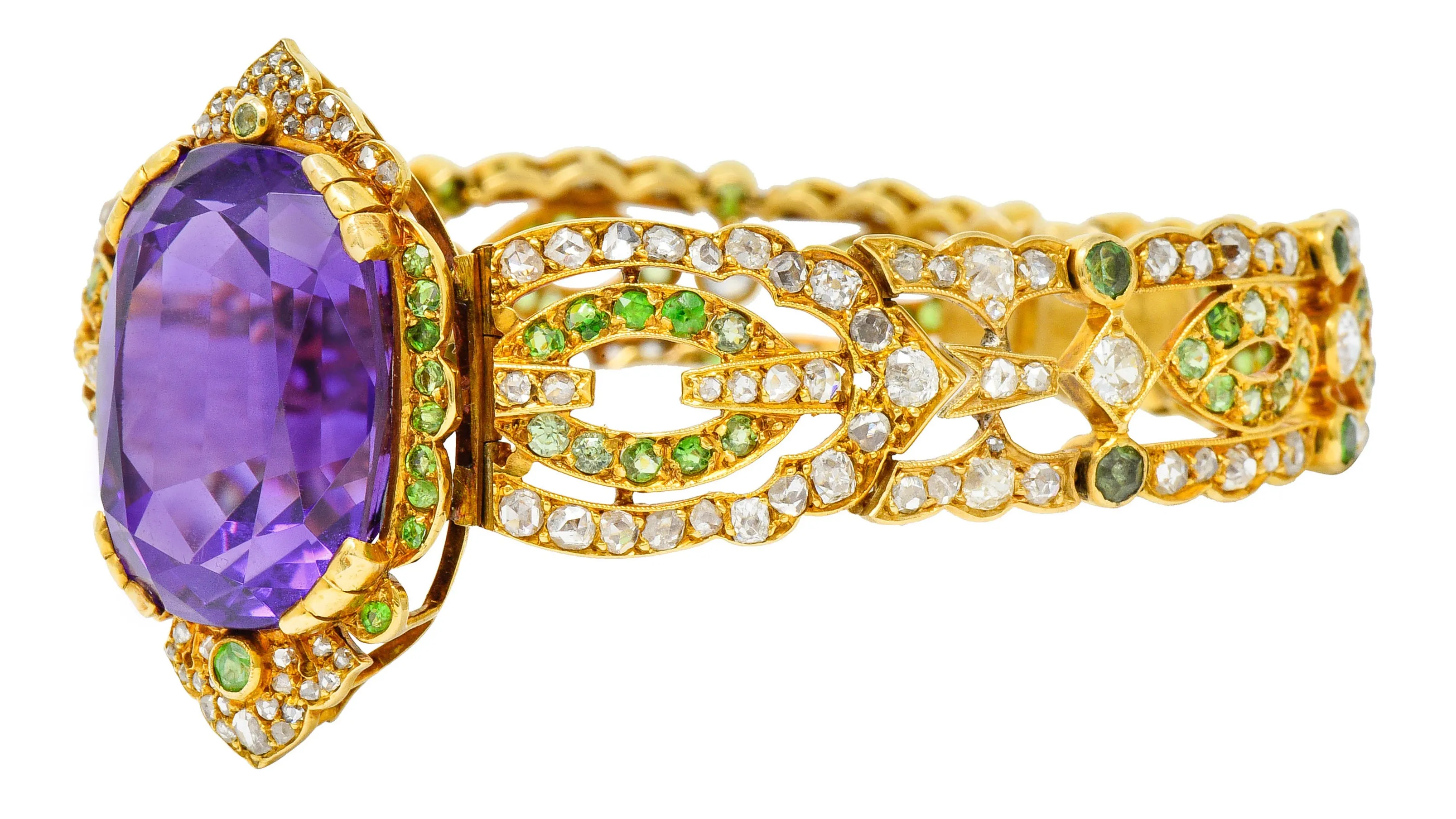 Suffragette Amethyst Demantoid Garnet Diamond 18 Karat Gold Decorous Bracelet