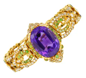 Suffragette Amethyst Demantoid Garnet Diamond 18 Karat Gold Decorous Bracelet