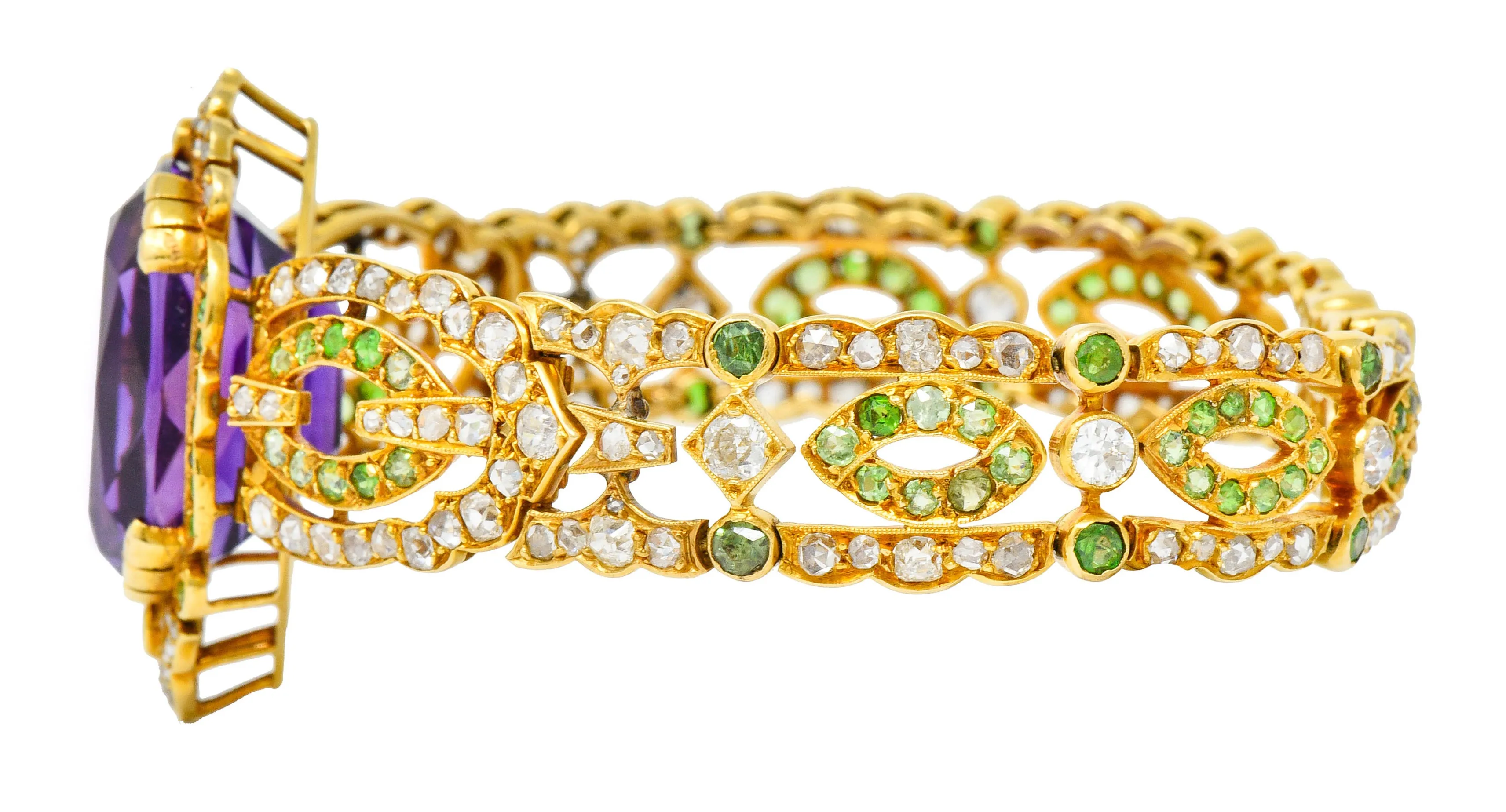 Suffragette Amethyst Demantoid Garnet Diamond 18 Karat Gold Decorous Bracelet