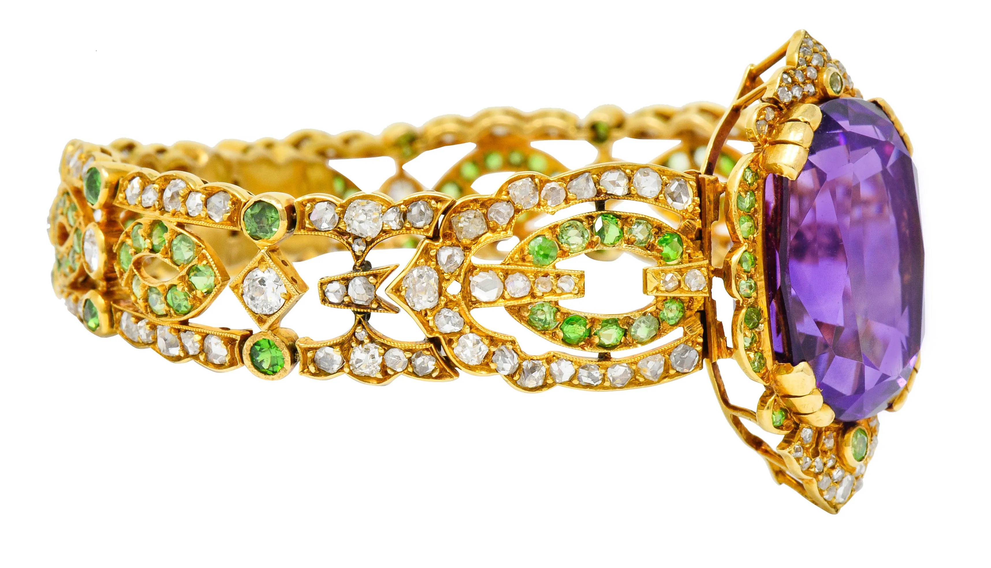 Suffragette Amethyst Demantoid Garnet Diamond 18 Karat Gold Decorous Bracelet
