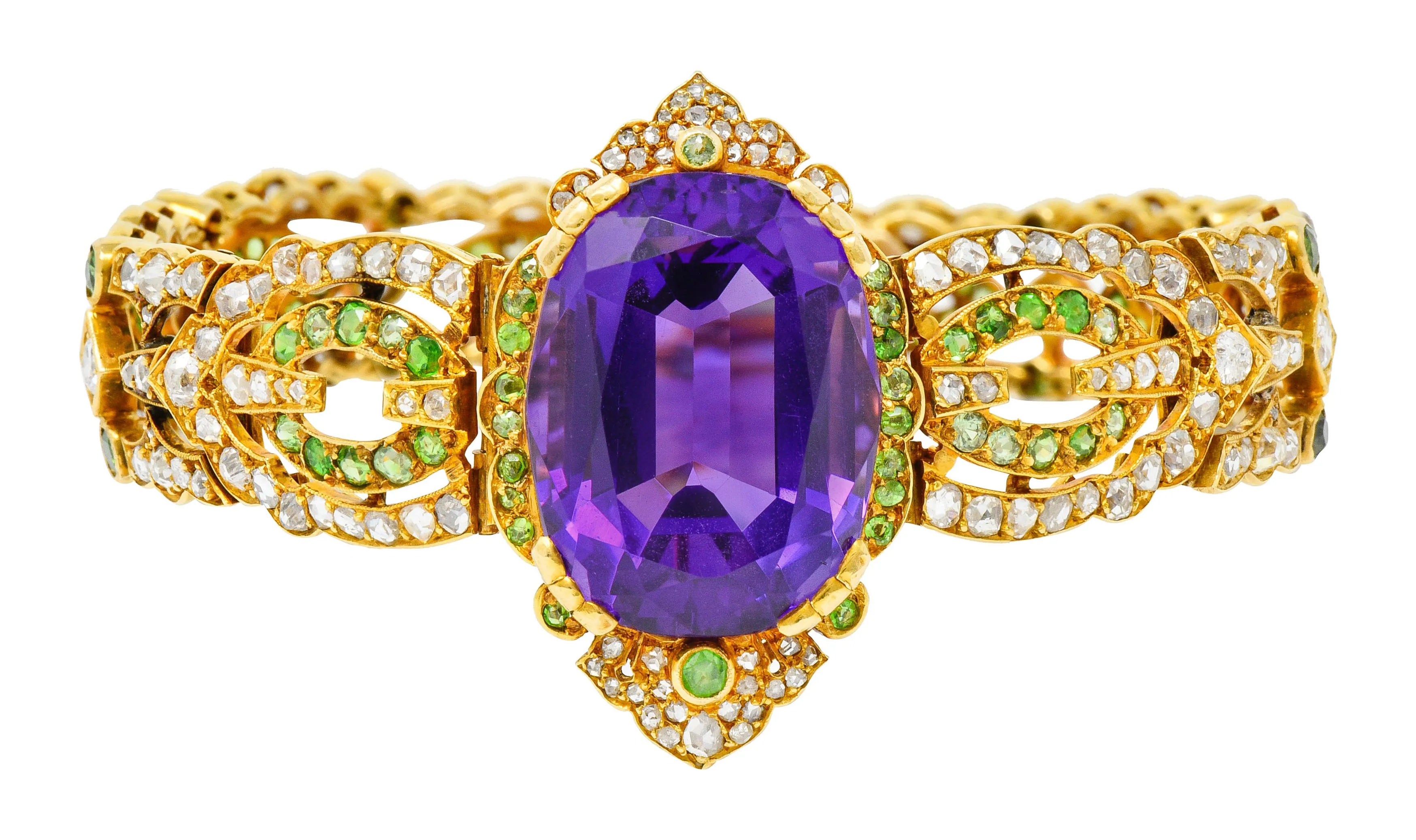 Suffragette Amethyst Demantoid Garnet Diamond 18 Karat Gold Decorous Bracelet