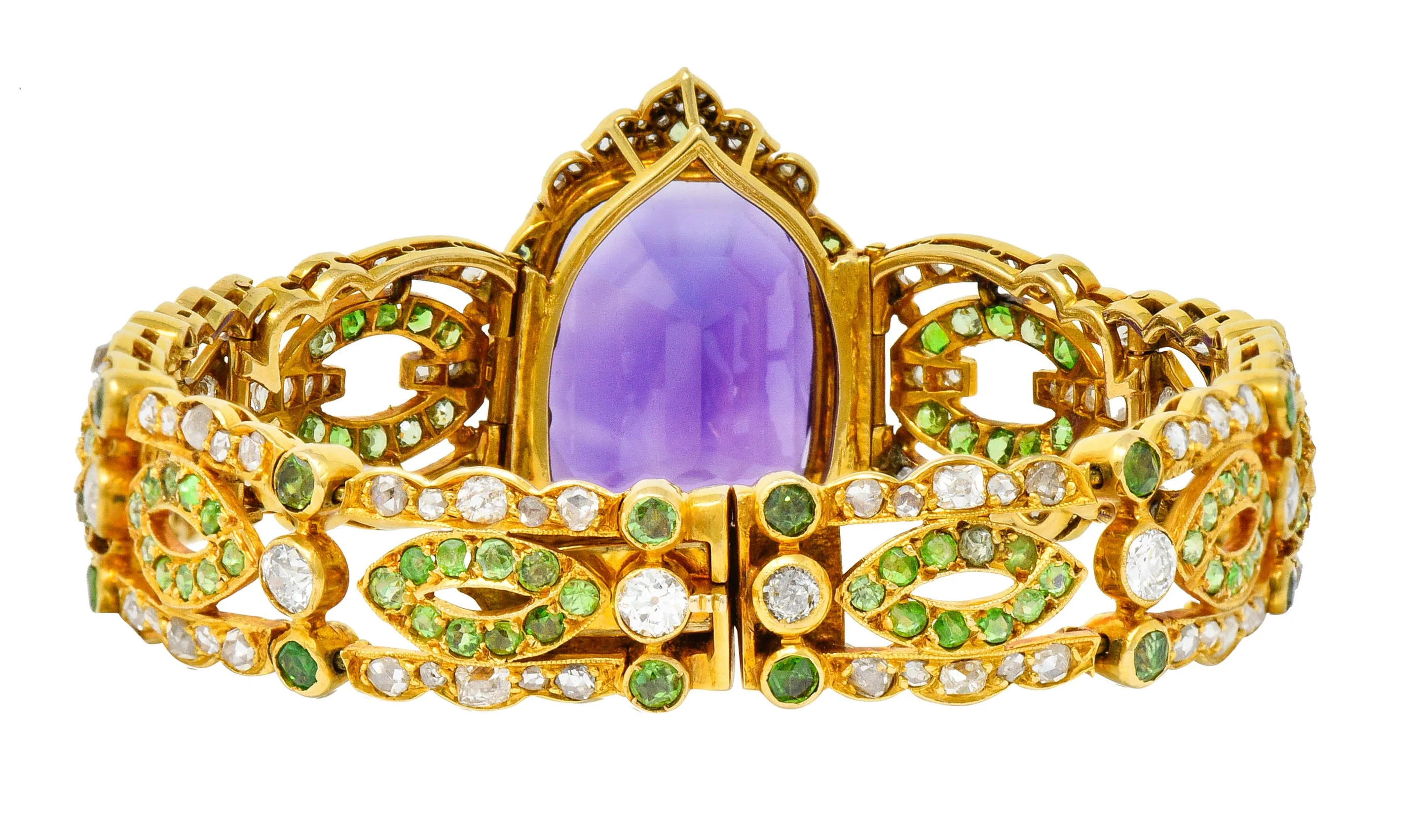 Suffragette Amethyst Demantoid Garnet Diamond 18 Karat Gold Decorous Bracelet