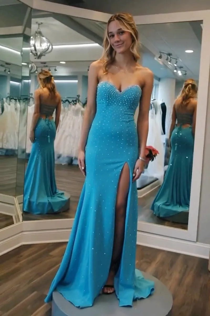 Sweetheart Beaded Mermaid Long Prom Dresses with Split