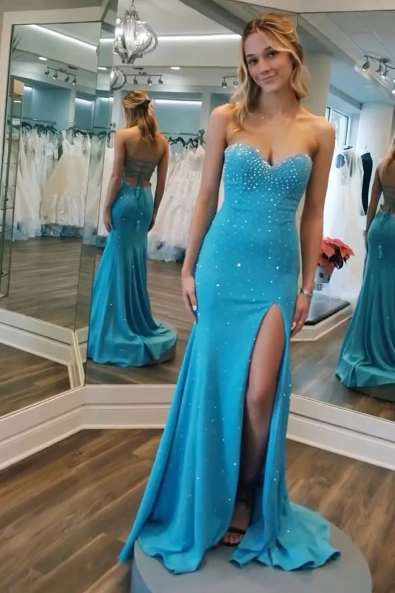 Sweetheart Beaded Mermaid Long Prom Dresses with Split