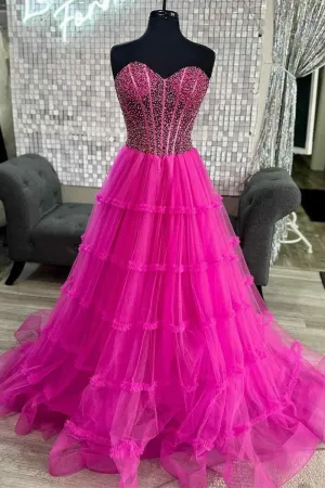 Sweetheart Beaded Ruffles Tulle Prom Dresses