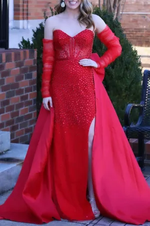 Sweetheart Satin Beaded Long Prom Dresses with Split